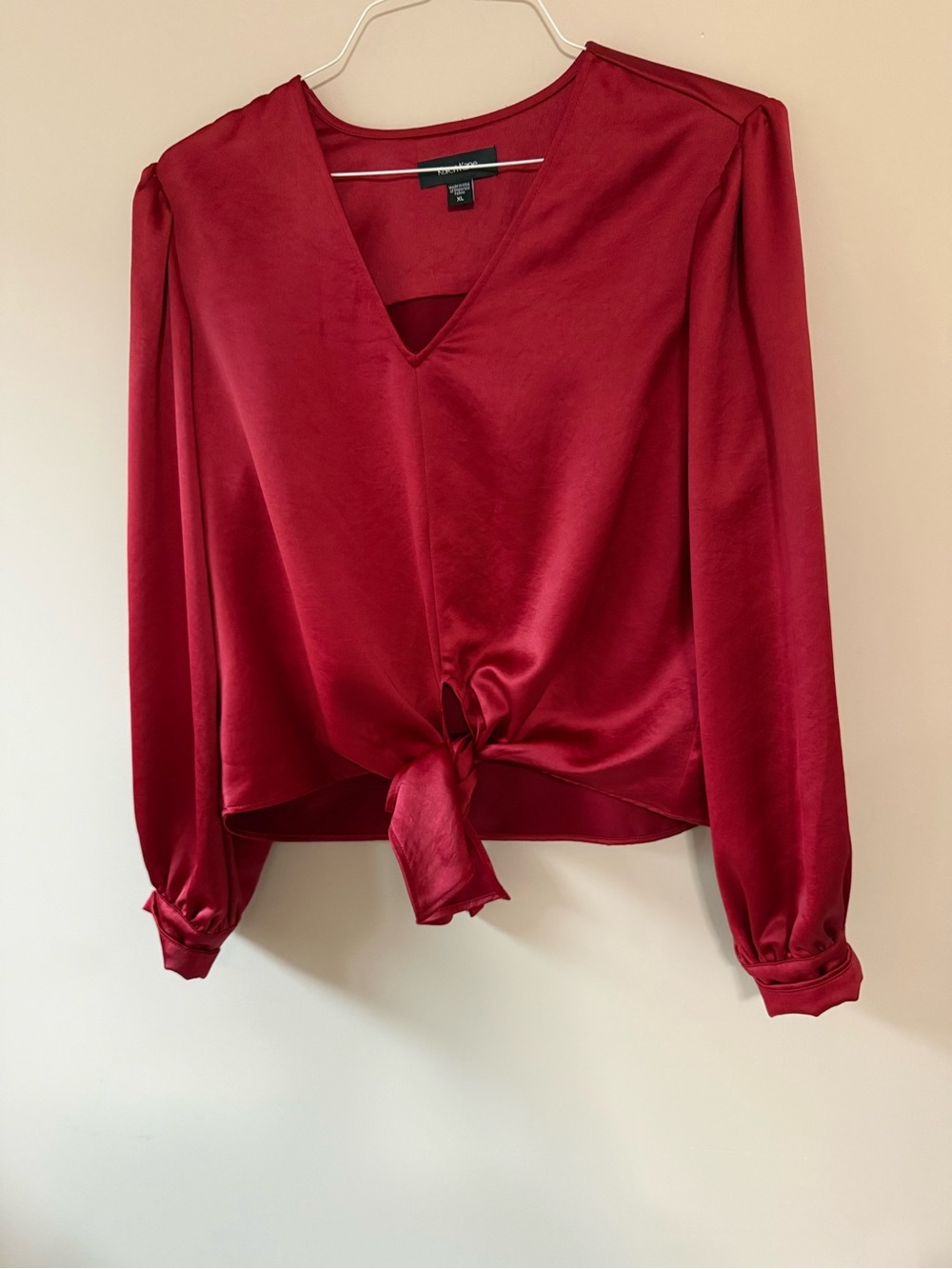 Karen Kane Satin Tie-Front V-Neck Blouse in Deep Red